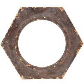 Rustic Style Wooden Wall Mirror with Hexagonal Frame, Silver and Brown