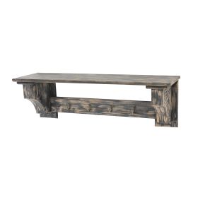 Wooden Wall Shelf Set of 2 with 4 Hooks and Carved Side Frames, Distressed Black