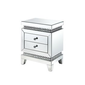 2 Drawer Mirror Inlay Accent Table with Faux Crystal Accents, Silver