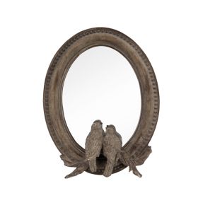 10 Inch Resin Oval Accent Table Mirror, Perched Birds, Dark Bronze