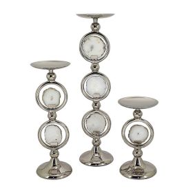 22, 16, 10 Inch Pillar Candle Set of 3, Agate Stone, Silver Metal Frame