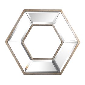 Toby 12 x 14 Inch Wall Mount Accent Mirror, Dual Hexagon Wood Frame, Brown