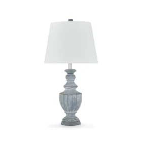 Rick 32 Inch Table Lamp, White Empire Fabric Shade, Turned Blue Terracotta