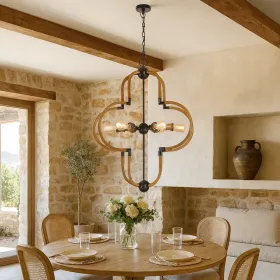 Gemo 36 Inch Chandelier, Crossed Clover Design, Brass Black Metal