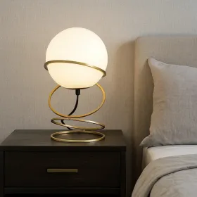 Table Lamp, White Glass Globe, 4 Spiral Ring Accented Base 14 Inch