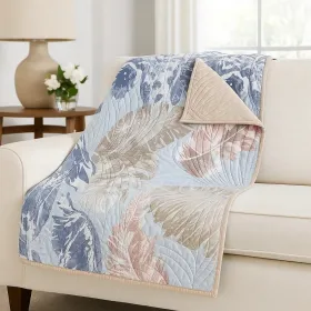 Heli 50x60 Quilted Throw Blanket, Blue Pink, Khaki Tropical Print