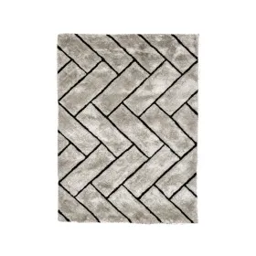 3D Zig Zag Patterned Polyester Area Rug With Jute Mesh Backing, Gray and Black