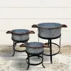 21, 18, and 16 Inch 3 Piece Round Tub Metal Planter Set with Stand in Galvanized Gray and Black Iron