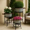 21, 18, and 16 Inch 3 Piece Round Tub Metal Planter Set with Stand in Galvanized Gray and Black Iron