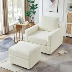 Classic Corduroy Chaise Lounge, Comfy Sofa Chaise Couch Chair, Upholstered Accent Chair with Ottoman for Living Room - Beige