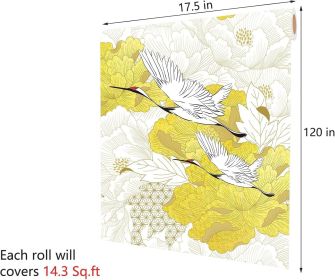 Crane Wallpaper Peel and Stick White Yellow Floral Bird Wallpaper for Bathroom Bedroom Vintage Wall Paper 17.5x120 Inch Traditional Flower Bird M