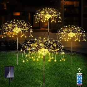 Outdoor Solar Garden Lights; 4 Pack 120 LED Copper Wire Waterproof Solar Garden Fireworks Lamp with Remote; 8 Modes