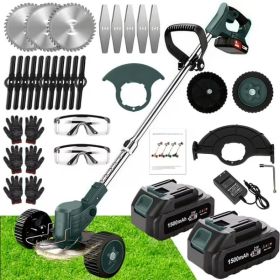 21V Electric Weed Eater With Wheels,Cordless Battery Weed Wacker With Charger, 2Batteries,3 In 1 Brush Cutter String Trimmer Grass Trimmer Lawn M (Option: green)
