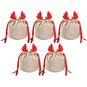 Set Of 5 Christmas Velvet Drawstring Gift Bags With Reindeer Antler Design. Suitable For Organizing Jewelry Or Candy. Santa Gift Bags, Perfect Fo (Option: Red antlers)