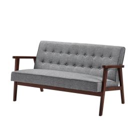 Mid-Century Modern Wood Frame Loveseat Sofa Couch with  Seat/Back Cushion (Color: Grey)