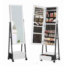 Modern Black Metal White Wood Jewelry Armoire Cabinet Organizer Mirror on Wheels (Color: Black Metal)