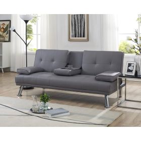 Modern Futon Sleep Sofa Bed Couch in  Faux Leather with Cup Holder (Color: Grey)