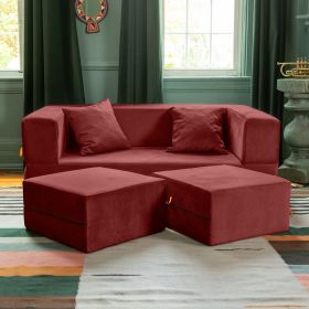 Jaxx Zipline Convertible Sleeper Loveseat & Ottomans, Textured Microvelvet (Color: Berry Red)