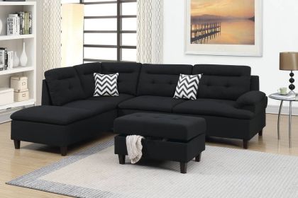 Living Room Furniture Cushion Sectional w Ottoman Linen Like Fabric Sofa Chaise (Color: Black)