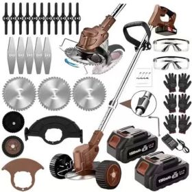 21V Electric Weed Eater With Wheels,Cordless Battery Weed Wacker With Charger, 2Batteries,3 In 1 Brush Cutter String Trimmer Grass Trimmer Lawn M (Option: COFFEE)